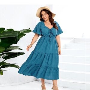 BloomChic Plus Size 2XL Plain Ruched Drawstring Pocket Ruffle Tiered Dress us18